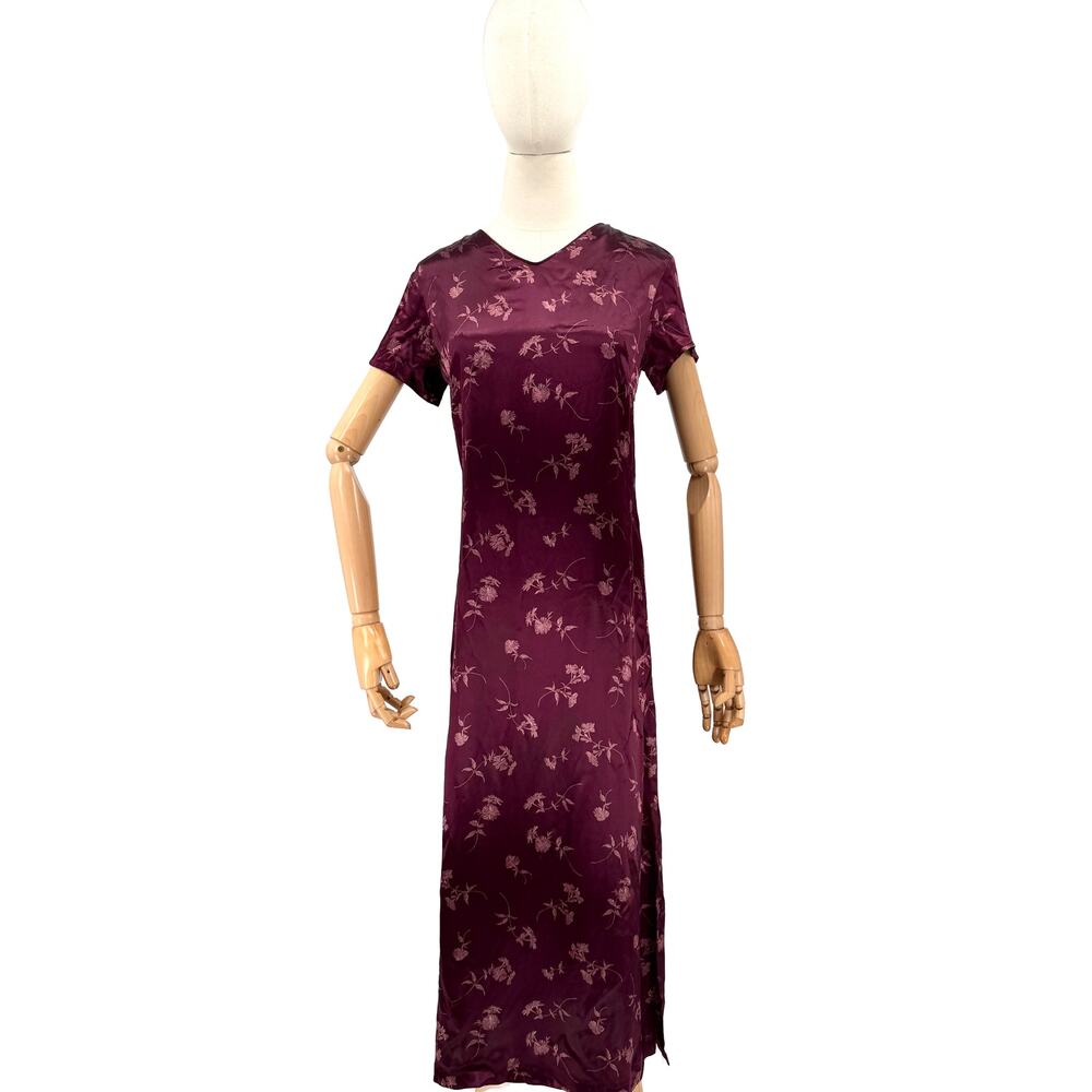 Vintage 90s GAP Burgundy Floral Satin Jacquard Cheongsam Slip Dress